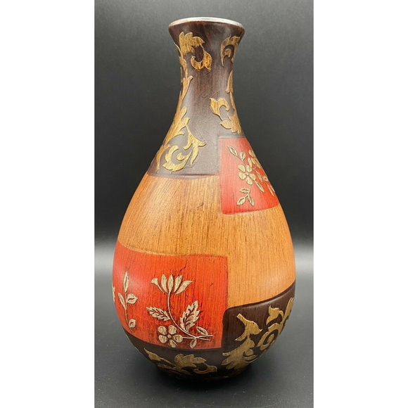Heritage Mint Ceramic Faux Wood Grain Red Brown Gold Floral Vase 8" 2009 EUC - Picture 4 of 7